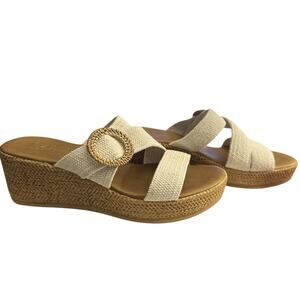 Italian Shoemakers Sandals Grania Wedge Slide Off Cream Rattan Buckle Comfort 9M